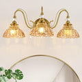 Vintage Bathroom Vanity Light, 3-Light Brushed Gold Finish Wall Sconce with Hanging Crystal Accents and Flower-Shaped Amber Glass Shades, Retro Wall Mount Vanity Light Over Mirror for Bathroom