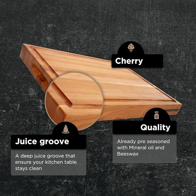 Large Wood Cutting Board from American Cherry - A Butcher Block That Comes with Juice Groove for Cutting Meat and Juicy Veggies Easily - Cherry Chopping Board - 20x16x1.5 inches