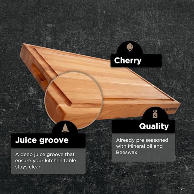 Medium Wood Cutting Board from American Cherry - A Reversible Butcher Block That Comes with Juice Groove for Cutting Meat and Juicy Veggies Easily - Cherry Chopping Board - 16x12x1.5"