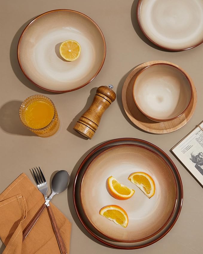 Pokini Ceramic Dinnerware Sets for 6, 18 Pieces Stoneware Plates and Bowls Sets, Chip and Crack Resistant Dishes, Dishwasher & Microwave Safe Dishware Sets, Brown Yellow