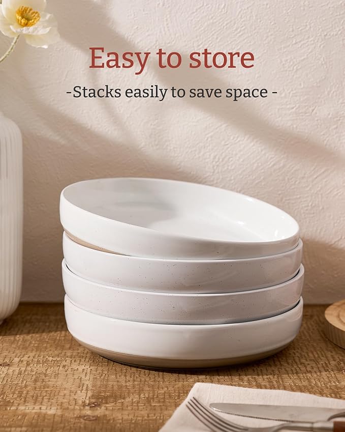 famiware Milkyway 33 oz Pasta Bowl Set of 4, Scratch-Resistant Stoneware Salad Bowls, Stackable, Dishwasher & Microwave Safe, Lead-Free, White