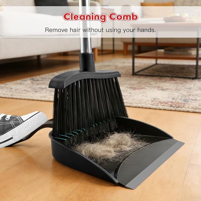 Broom and Step-on Dustpan Set, 59-in Adjustable Long Handle Broom with Dustpan Combo Set Outdoor Angle Broom for Sweeping Indoor Dust Pet Hair for Cleaning Kitchen Garage Deck Patio, Black
