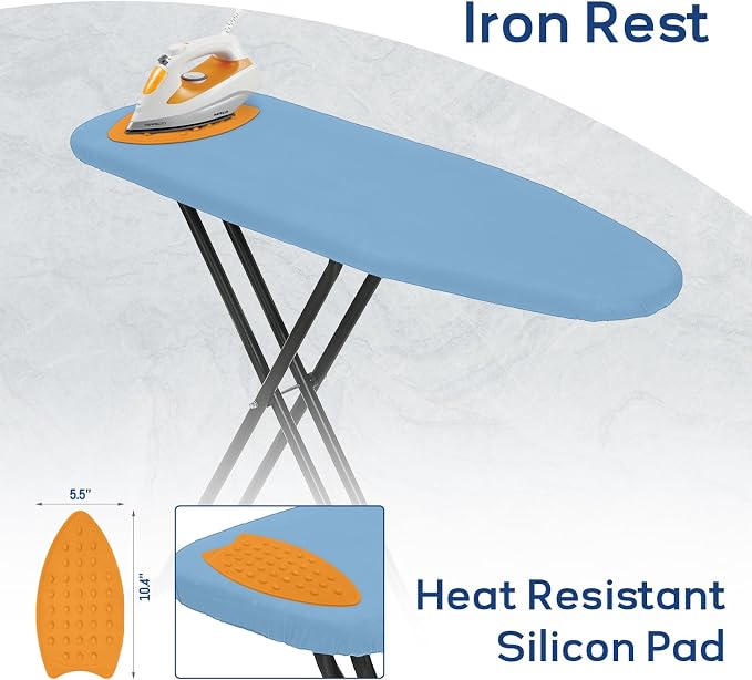 RAINHOL Compact Ironing Board Full Size 43x13 with Extra Thick Padded Cover, Height Adjustable Iron Board with Hanger, Easy to Fold Space Saver Design for Dorm Apartment Small Laundry Rooms, Blue