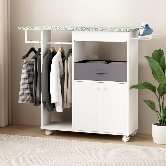 Rolling Ironing Board with Storage Cabinet, Wooden Ironing Board Cabinet with Drawer, Compact Space-Saving Ironing Table with Iron Rest Rack for Laundry Room, Living Room (One Size, Leaf)
