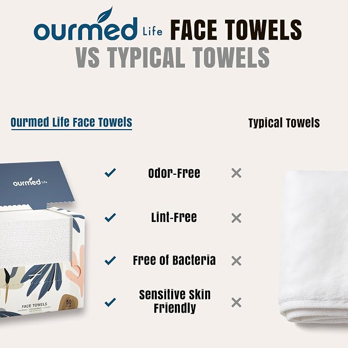 Ourmed Life Disposable Face Towels, 10 x 12 in XL Facial Towels, 150 Count | Clinically Tested, Reduce Redness, Skin Soothing, Sensitive Skin friendly, Biodegradable, Skincare, Women Cleansing,Absorbent
