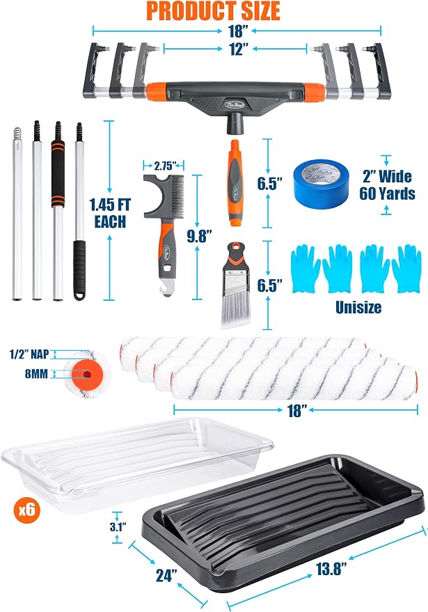 22pcs 12"-18" Adjustable Large Paint Roller with Tray & Liners Kit: 1-5Ft Aluminum Extension Poles, Brush & Roller Cleaner, 18" Nylon Covers for Walls,Ceiling,Floor,Interior,Exterior Painting