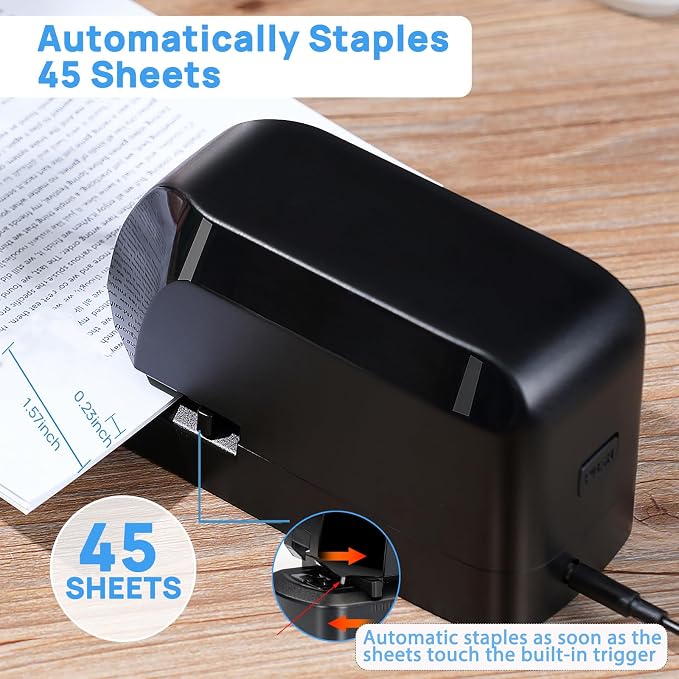 Electric Stapler for Desk Value Pack, 45 Sheet Capacity, Includes 1500 Staples & Staple Remover, No-Jam, Faster Stapling, AC Adapter Powered, Black