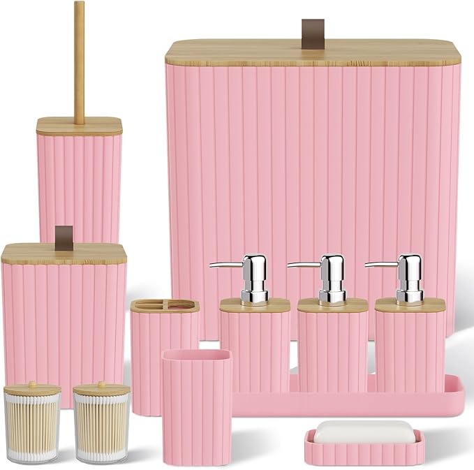 Bathroom Accessory Set - Pink Bathroom Set, 12PC Bathroom Accessories Set, Pink Bathroom Accessories Set, Mini Trash Can, Toilet Brush, Trash Can & Soap Dispenser