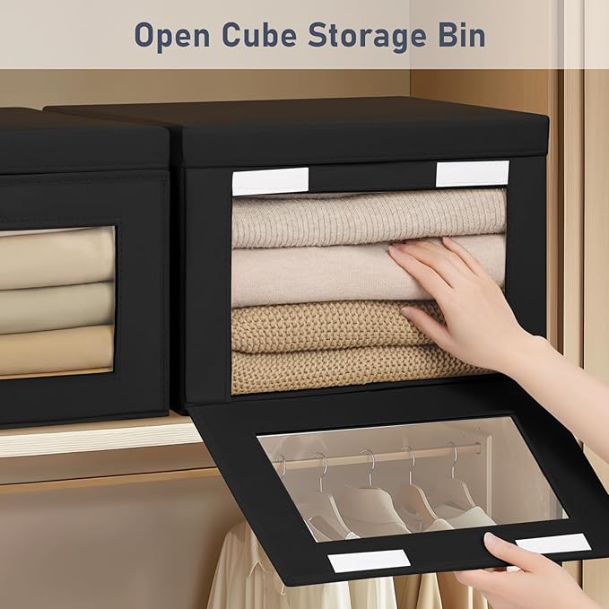 DIMJ Storage Bins with Lids - 6 Pack Large Fabric Closet Organizer with Window & Handles, Collapsible Decorative Storage Boxes for Shelves Under Bed, Books Clothes Blankets Sweaters Organization