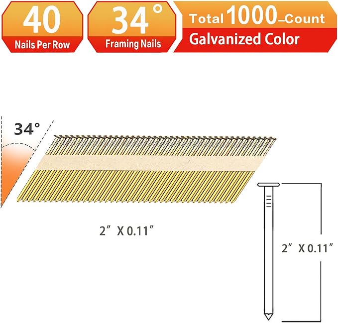 34°Framing Nails,Smooth Shank,2":1000pcs | D Head Nail Pack,Galvanized Paper Tape Strip Nails,for 30 to 34 Degree Framing Nailer
