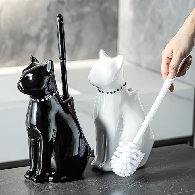 Cat Toilet Brush Holder - Ceramic Whimsical Feline Design with Wide-Mouth Storage, Black Toilet Bowl Brush and Holder Set Cute for Bathroom Ground, Easy-Clean Cat Lover Gift (White)