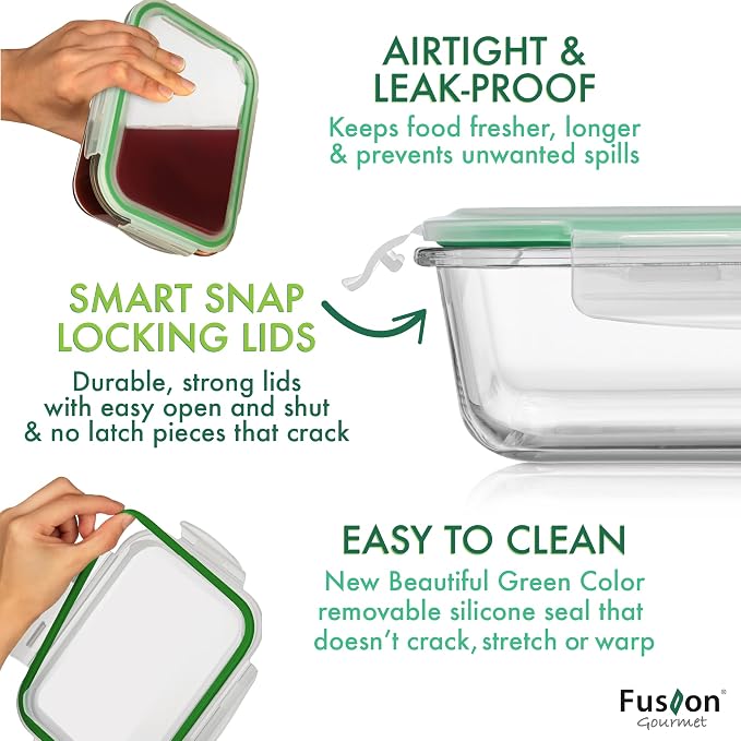 8 Pack 35 oz Glass Containers - Airtight, Microwave, Oven | Borosilicate, 1040 ml Capacity, Snap Lock Lids, Leakproof, Oven Safe 752 F, Freezer Safe, Microwave Safe, Dishwasher Safe