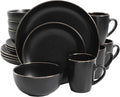 Gibson Home Rockaway 16-Piece Round Stoneware Dinnerware Set, Service for 4 – Black with Gold Rim Plates and Bowls, Microwave & Dishwasher Safe