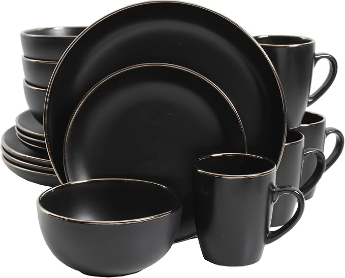 Gibson Home Rockaway 16-Piece Round Stoneware Dinnerware Set, Service for 4 – Black with Gold Rim Plates and Bowls, Microwave & Dishwasher Safe
