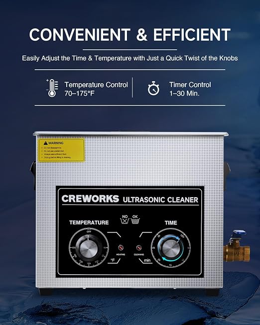 CREWORKS 6.5L Ultrasonic Cleaner with Knob, 1.7 gal 120W Professional Industrial Auto Cleaning Machine for Tools Watch Glasses Retainer Denture Parts, 40kHz Digital Heated Sonic Cavitation Cleaner