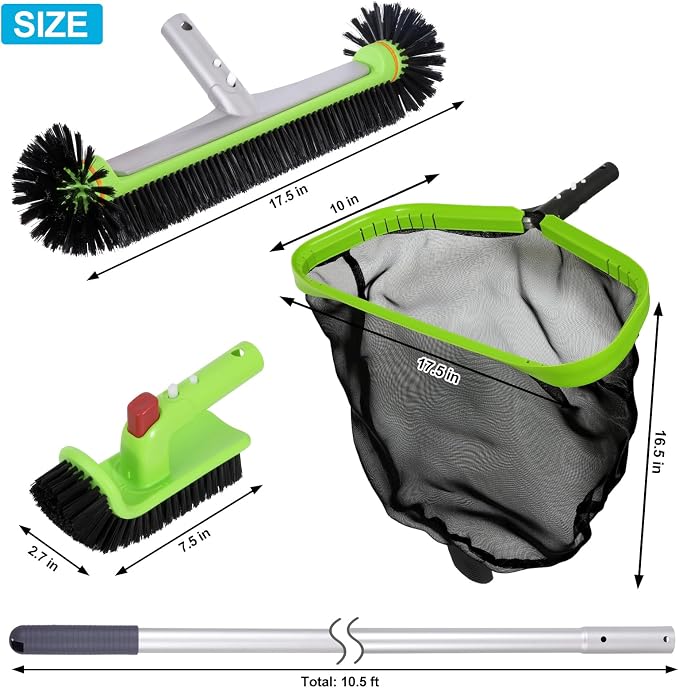 Sepetrel Deluxe Swimming Pool Cleaning Kit with 10.5" Aluminum Pole, Professional Pool Maintenance Set with Leaf Skimmer Net, 17.5" Pool Brush Head & Hand Scrub Brush for Inground & Above Ground Pools
