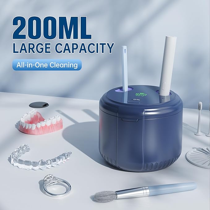 45kHz Ultrasonic Retainer Cleaner Machine, 200ML Dental Cleaning Pod for Dentures, Aligners, Invisalign, Mouth Guards, Night Guards, Jewelry, Toothbrush (Blue)