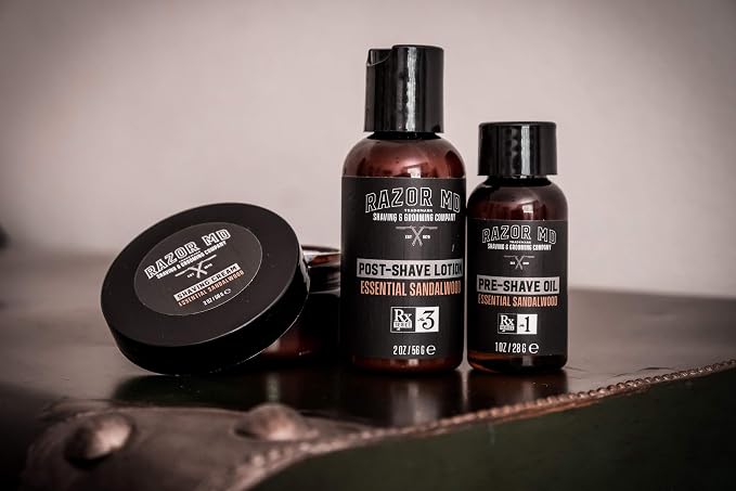 Razor MD Shave Trio for Men Pre-Shave Oil, Shaving Cream, Post-Shave Lotion, Premium Beard Care Kit And Beard Grooming Set Perfect for Conditioning And Beard Care, Sandalwood