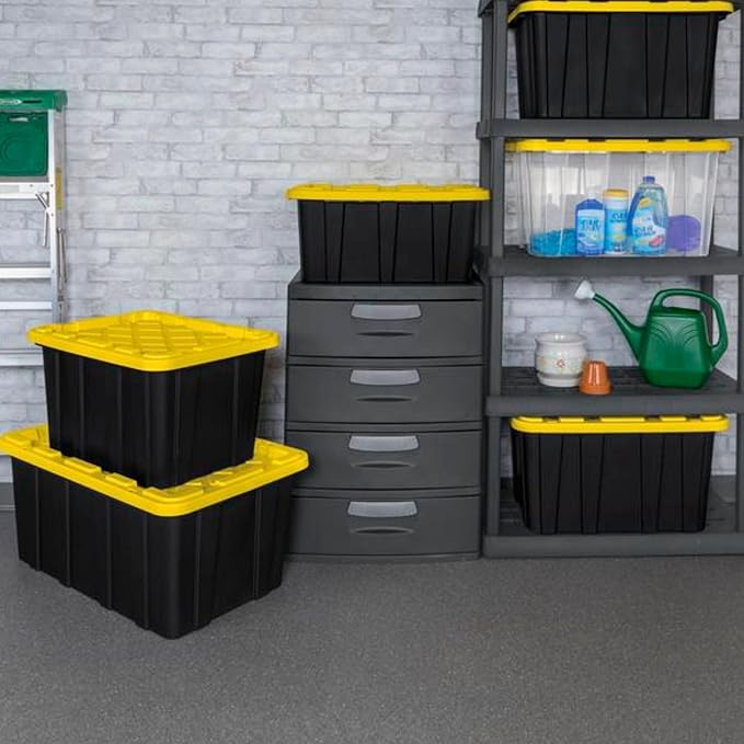 Sterilite 12-Pack Industrial Tote, Plastic Storage Container Bins with Lids, 27 Gallon - Large, Stackable, and Heavy-Duty Organizer Box Containers for Closet, Garage, Shelves, and Office
