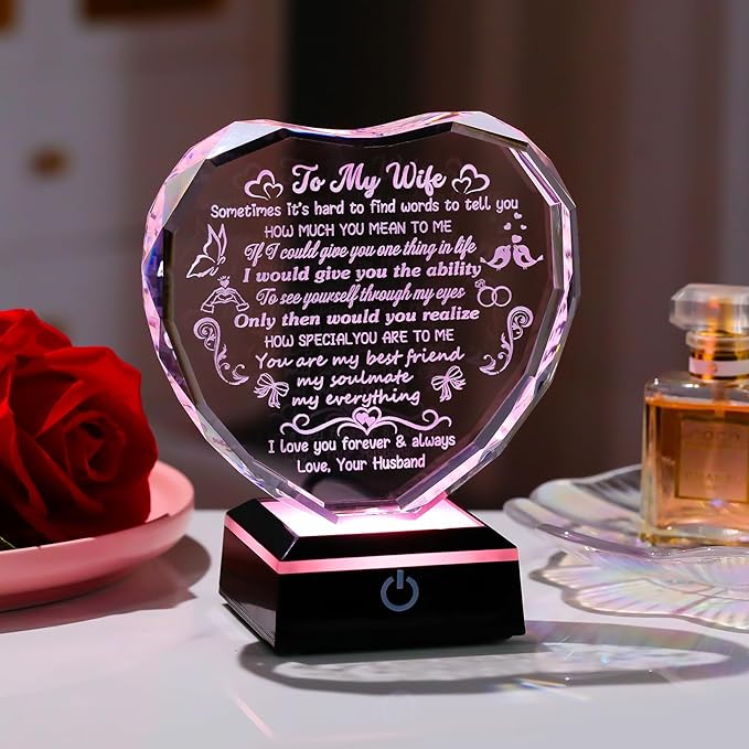 Arikyrist Gifts for Wife Mothers Day Heart Crystal Keepsakes to My Wife with Colorful Base Anniversary Birthday Gifts for Wife from Husband