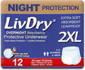 LivDry 2XL Overnight Adult Diapers for Women and Men, XXL Incontinence Underwear, 60”-80" Waist, Disposable Pull-On Briefs, XX-Large, 12 Pack