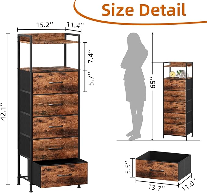 Somdot Tall Nightstand for Bedroom, Tall 5 Drawers Dresser, Vertical Storage Tower Unit, Nightstand Furniture with Fabric Drawer Organizer in Bedside Kids Room, Laundry Entryway, Wood Grain Print