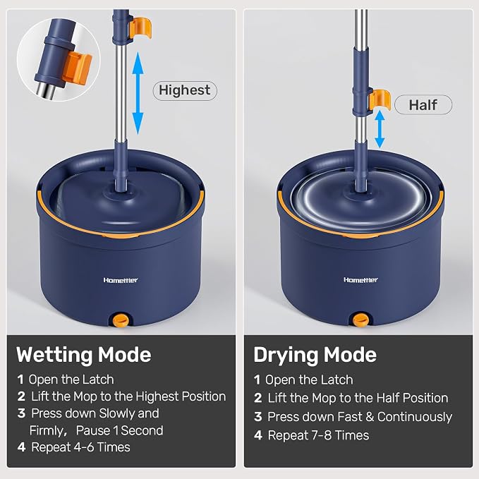 HoMettler Spin Mop and Bucket Set, Mop Bucket with Separate Dirty Water System, Deep-Cleaning Mops for Floors/Wall, Versatile Mops with 6 Microfiber Mop Pads