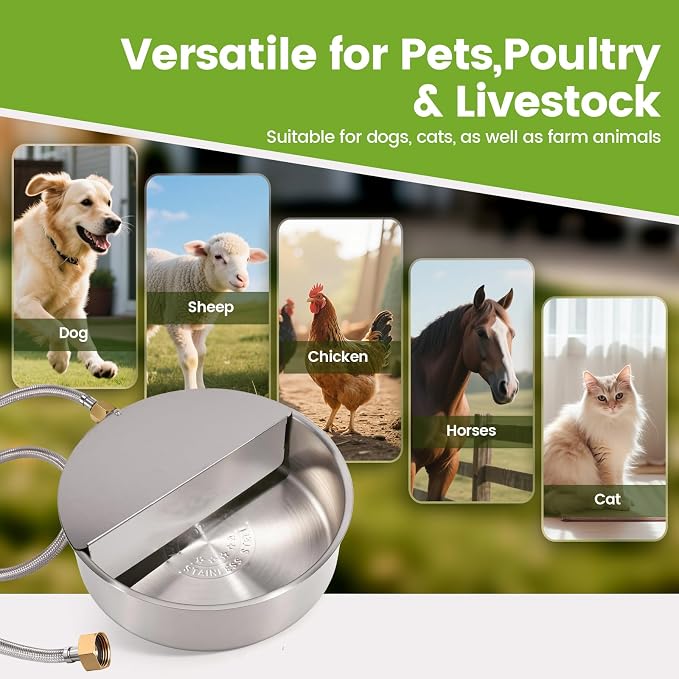 Automatic Dog Water Bowl Dispenser Large Breed Outdoor Pet Water Fountain with Float Valve 6.5L Heavy-Duty Stainless Steel Auto Waterer for Large Dogs Cats Puppy Chicken (1 Drinking Port)