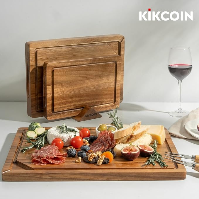 Kikcoin Acacia Wood Cutting Board Set of 3, Wooden Cutting Boards for Kitchen with Deep Juice Grooves, Butcher Block Wooden Chopping Board for Meat, Large Solid Charcuterie Boards Serving Tray