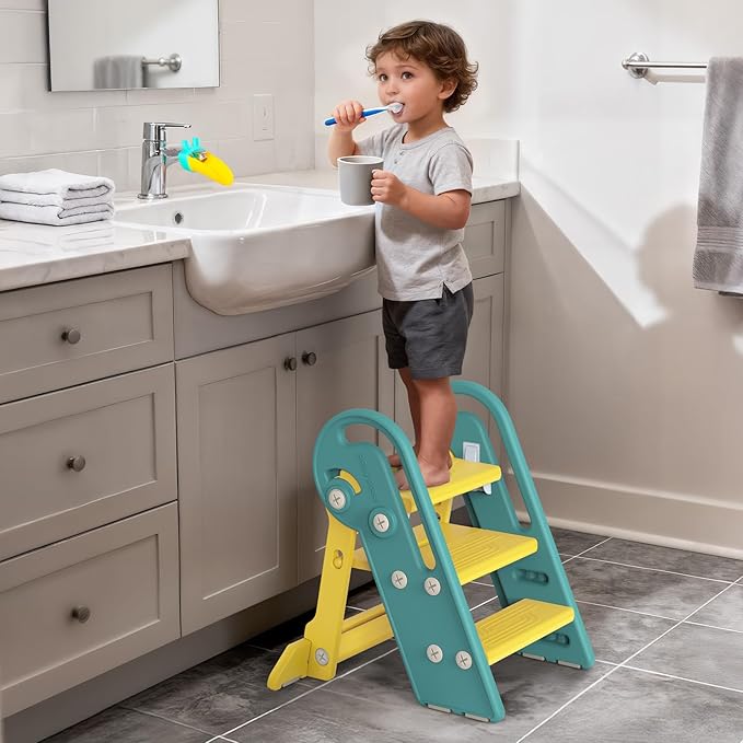 Onasti Folding Step Stool with Adjustable Height, 3-Step Converts to 2-Step, Sturdy Anti Slip Bathroom Step Stool for Toilet, Bathroom Sink, Kitchen Counter, Space Saving Design for Home Use- Green