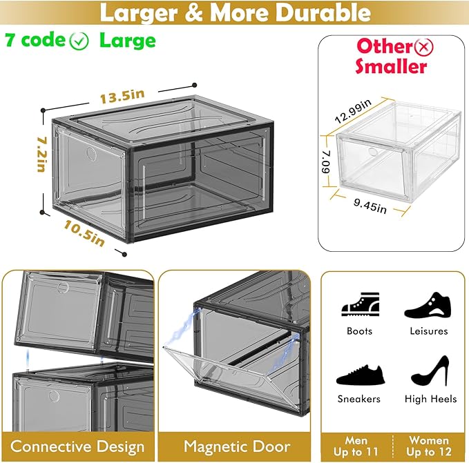 7 code Large Clear Shoe Boxes Organizer【Thicker Material】 Stronger Shoe Box with Magnetic Door, Stackable Shoe Storage Box for Closet, Foldable Space-Saving Storage Bins Shoe Cabinet, Black 9-Pack