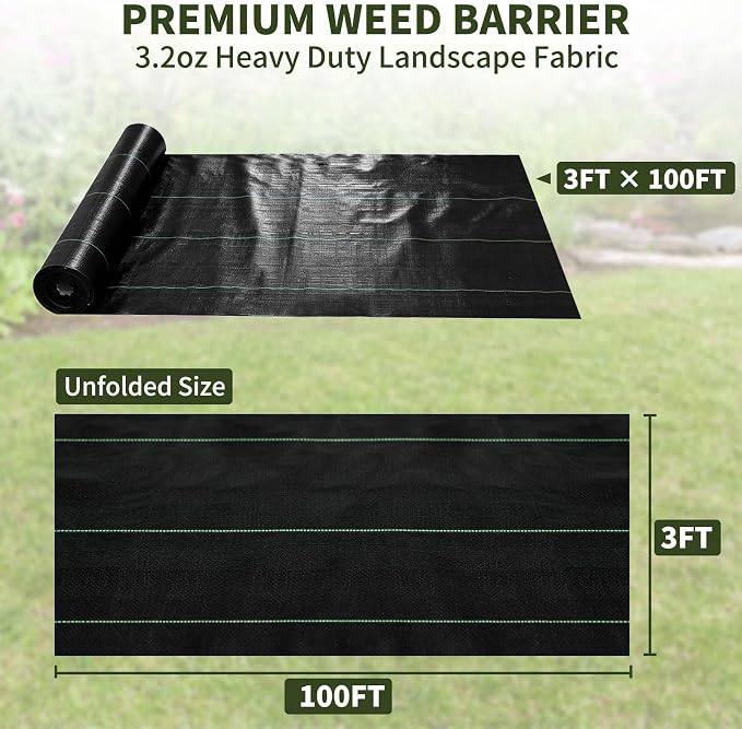 EXTRAEASY 3ft x 100ft Weed Barrier Fabric, Heavy Duty Landscape Fabric, 3.2oz Weed Control Fabric, Tear-Resistant Weed Blocker Ground Cover for Garden, Gravel, Driveway, Flower Bed