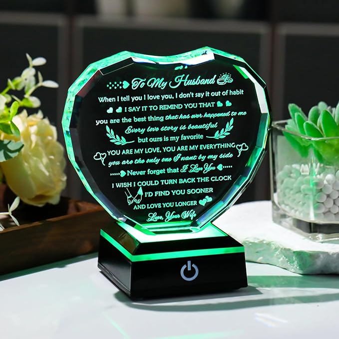 Arikyrist Gifts for Husband from Wife with Colorful LED Base Anniversary Romantic Gifts for Husband Birthday Crystal Keepsake to My Husband I Love You Gifts on Valentine Fathers Day Christmas