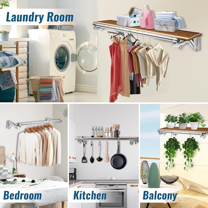 TBMLC Foldable Wall Mounted Clothes Rack- 30'' Long Rod & 2 Thick Bases | Stainless Steel,Multi-Purpose for Space-Saving Garment Rack/Clothes Drying Rack/Clothes Hanger,Detachable Top Shelf Reserved