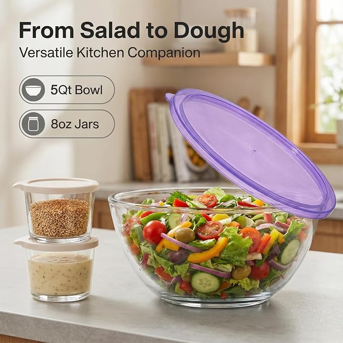 Large Glass Bowl for Sourdough Bread Making with Lid, 5Quart Deep Big Glass Bowl Large Salad Bowl with 8oz Small Bowls(Purple)