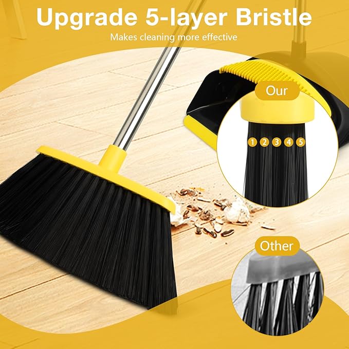 Broom and Dustpan Set, Long Handle Lightweight Dustpans with Broom Combo for Home, Indoor&Outdoor Sweeping for Home Room Kitchen Office Lobby (Black Yellow)