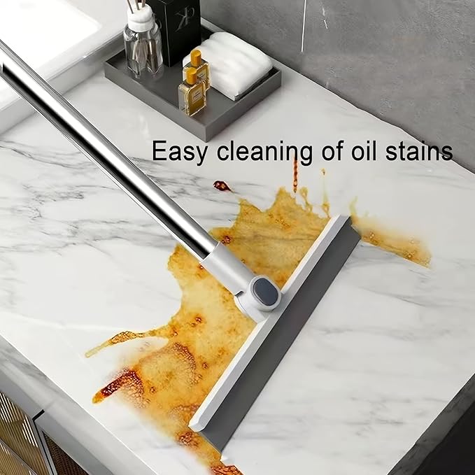 4-in-1 Broom and Dustpan Set with Floor Brush, White Stainless Steel Long Handle, Upright Standing Design for Home Office Kitchen, Squeegee Cleaning Tools Combo