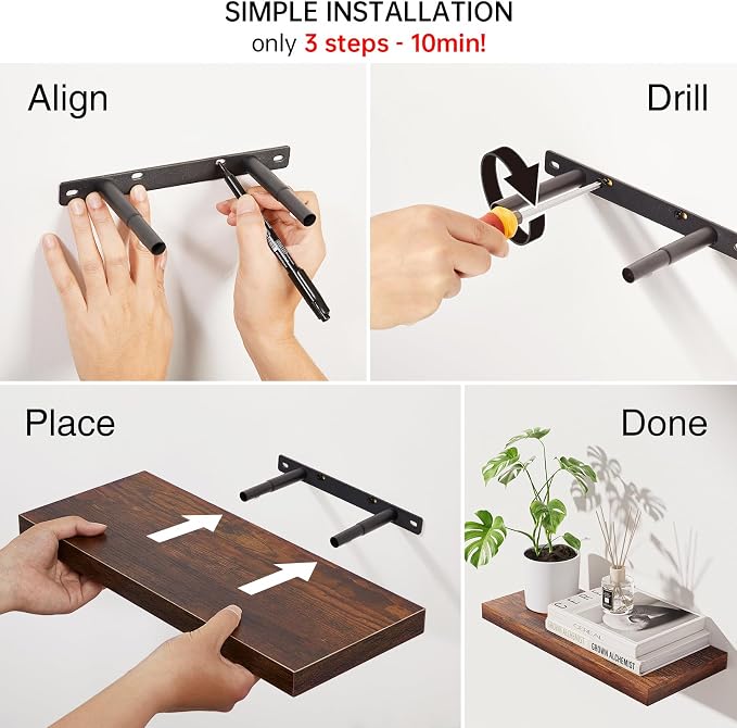 BAYKA Bathroom Floating Shelves for Wall Set of 3 - Rustic Brown Farmhouse Wood Shelves Over Toilet for Bedroom, Kitchen, or Living Room Decor Display, Storage for Plants, Toilet Paper or Bath Towels