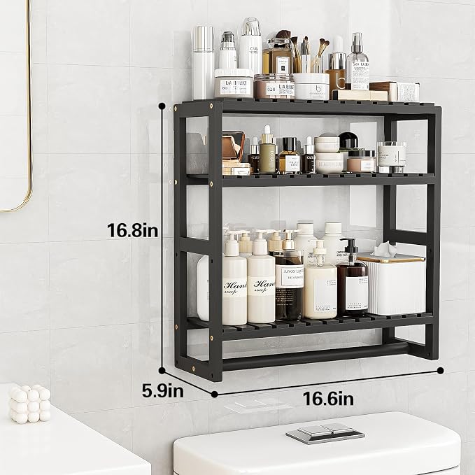 Galood Over The Toilet Storage Bathroom Shelves Wall Mounted 3 Tier Space Saver Corner Shelf Organizer Bamboo Towel Rack Toilet Paper Cabinet with Hanging Rod Black Sets