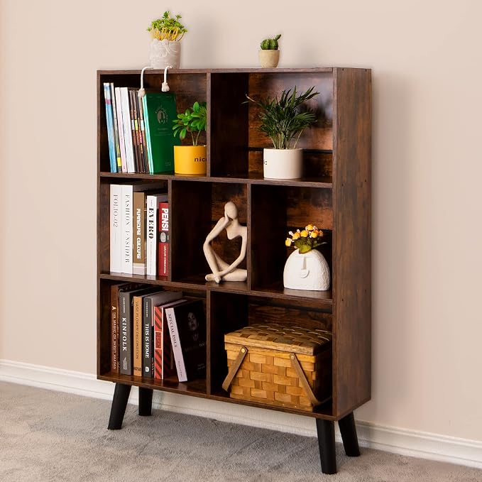 LEYAOYAO Cube Bookshelf, Mid-Century Modern Book Shelf with Legs, Brown | 3 Tier Bookcase, Rustic Wood Bookshelves, Freestanding Small Storage Organizer, Open Shelves for Bedroom, Living Room, Office