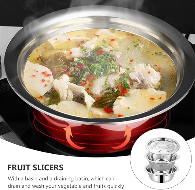 Stainless Steel Kitchen Grater with 26cm Strainer Basin, Multipurpose Vegetable Peeler Grater Set for Fruit Slicing and Salad Preparation, 3pcs Multifunctional Cutting Bowl