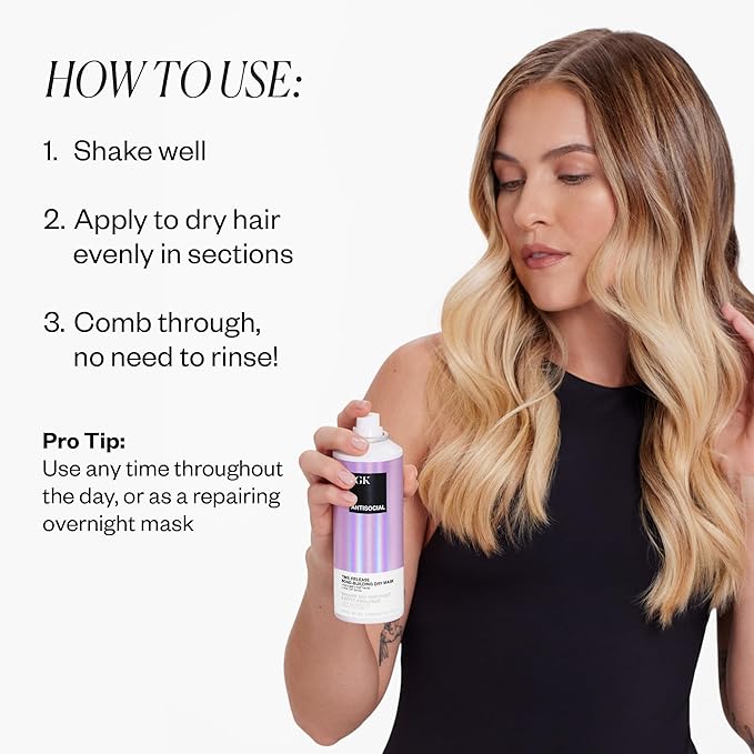 IGK Antisocial Leave-In Repair Dry Hair Mask, Overnight Bond-Building Treatment for Damaged Hair, No-Rinse Spray Smooths Frizz + Adds Shine, Vegan + Color-Safe, 5 fl oz