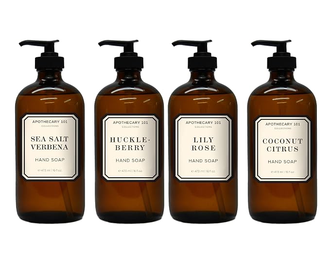 Apothecary 101 Glass Hand Soap Set, Sea Salt Verbena, Huckleberry, Lily Rose, Coconut Citrus, 16 Fl Oz Bottles, Home and Body Company