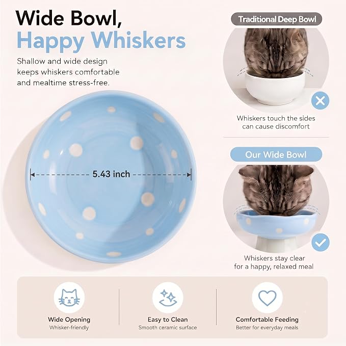 Blue Mushroom Cat Bowl, Elevated Ceramic Bowl for Cats | Cute Mushroom Design, Elevated, Ceramic, Whisker Friendly, Anti Vomiting