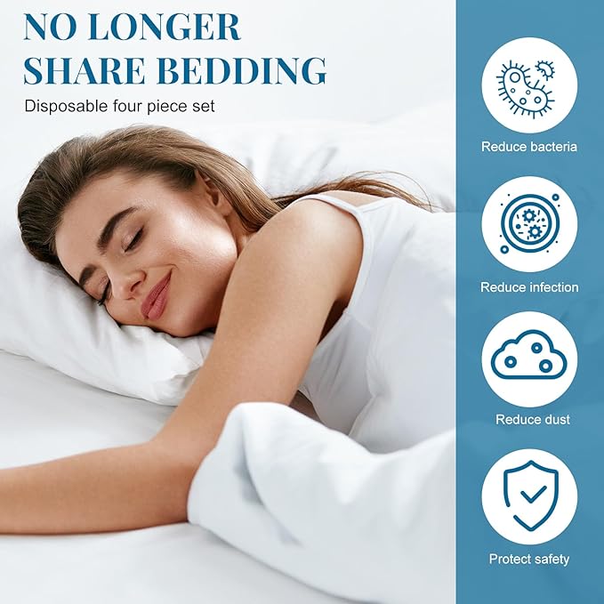 Preboun 5 Sets Disposable Bed Sheets Disposable Sheets Travel Sheets for Hotel Include Bed Sheets Quilt Cover Pillowcases Portable Soft White Cover for Travel Business Trip Spa Hospital