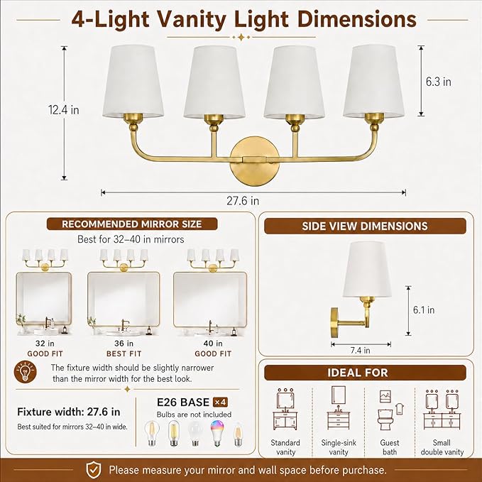 Bathroom Vanity Light, Brushed Gold Bathroom Light Fixtures, 4-Light Lighting Fixtures Over Mirror, Modern Wall Sconce with Flared White Fabric Shade, E26 Socket(ETL Listed)