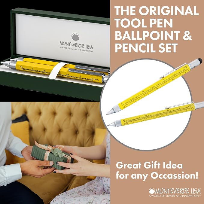 Monteverde One Touch Tool Set Ballpoint Pen with Stylus Yellow + Tool Pencil – Original Multifunction Pen Set from the Exclusive Collection – Ideal Gift for Engineers (MV35459)
