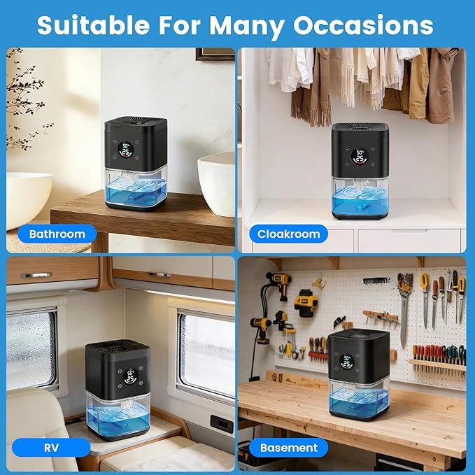 Small Dehumidifier for Bedroom – 63oz Auto Dehumidify (60/70%) & Continuous Mode, 35dB Ultra Quiet for Bathroom Apartment Home Closet RV, Portable Auto Defrost & Auto Shut-Off, 7-Color & Timer, Black
