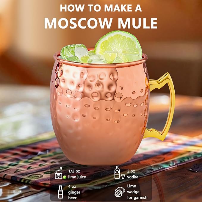 UNISWEET Moscow Mule Copper Mugs-100% Pure Copper Handmade, Gold Brass Handles, 16oz for Drinking, Premium Moscow Mule Copper Cups Set of 4 for Cold Drinks Cocktail Beer Wine Party Bar