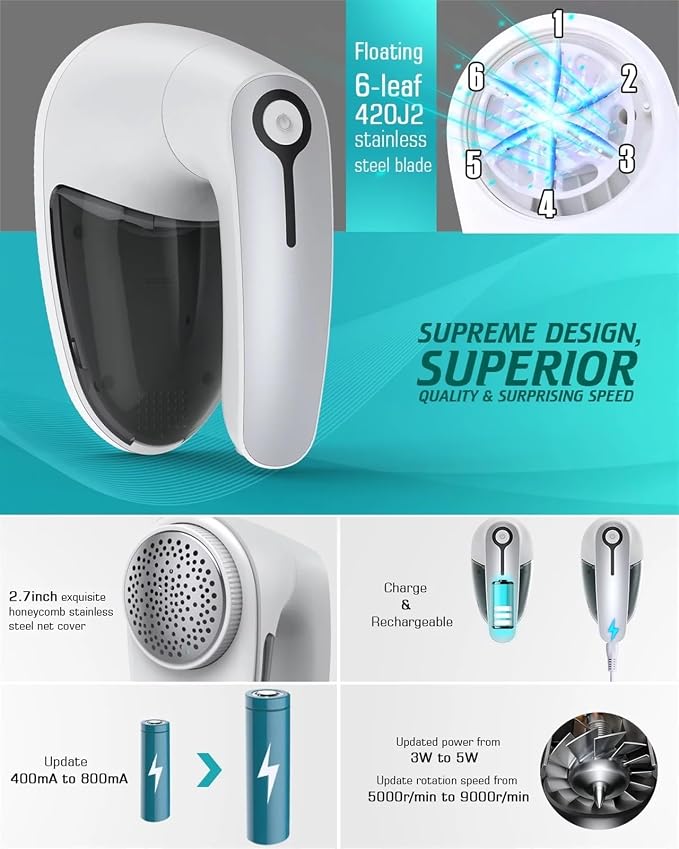 BAHREL Fabric Shaver Lint Remover - Fabric Defuzzer Electric Lint Fuzz Pills Remover with Quandruple Protection & 2 Replaceable 6-Leaf Blades, Sweater Defuzzer Remove Pilling (Color : White)